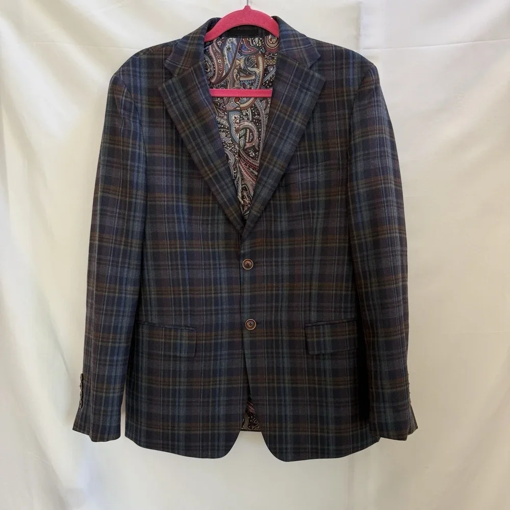 Tallia Men Suit 40R Windowpane Plaid Wool Blend Blazer Sport Coat Jacket